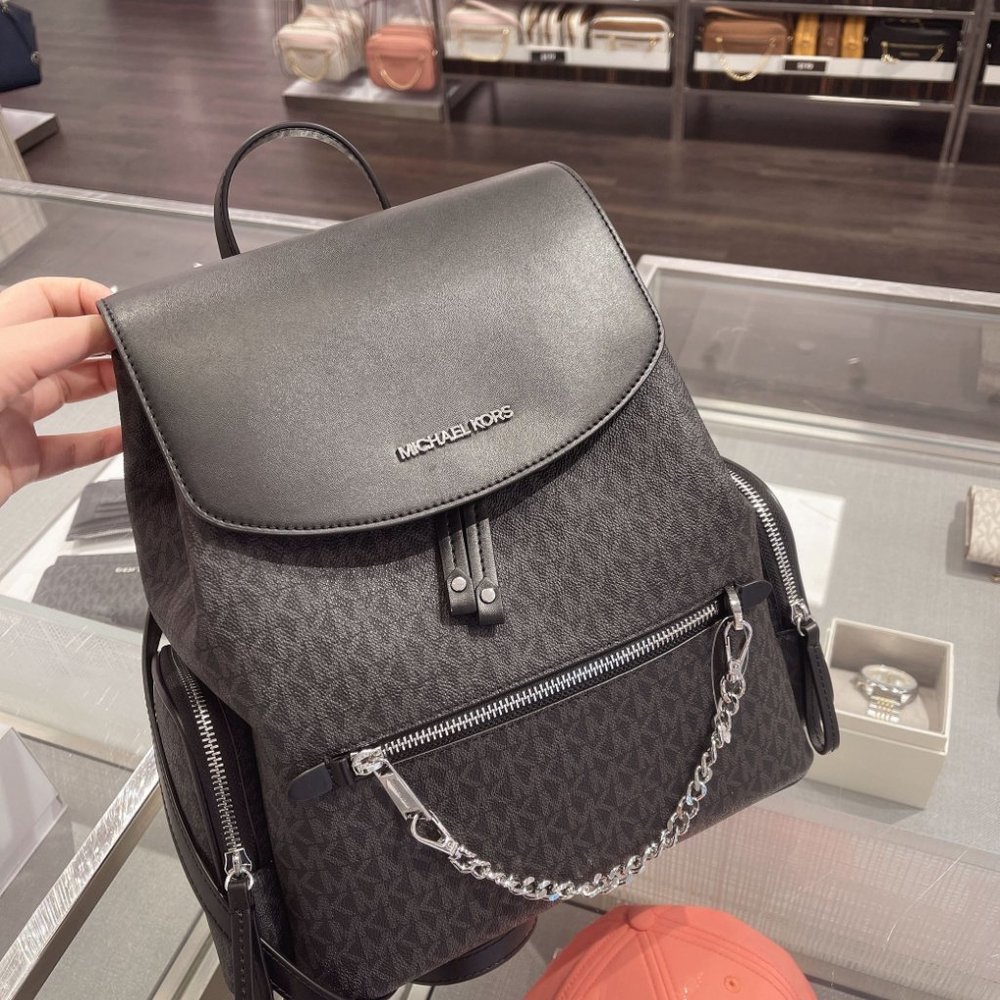 MK LG Chain Backpack Flap Book Bag Black